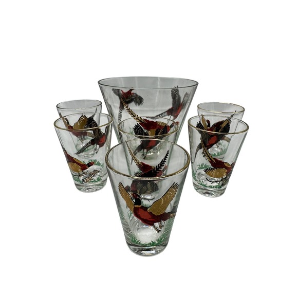 Hazel Atlas Set of 6 Sipping Glasses & 1 Ice Bucket Pheasant Motif Gold Rim - Picture 1 of 6